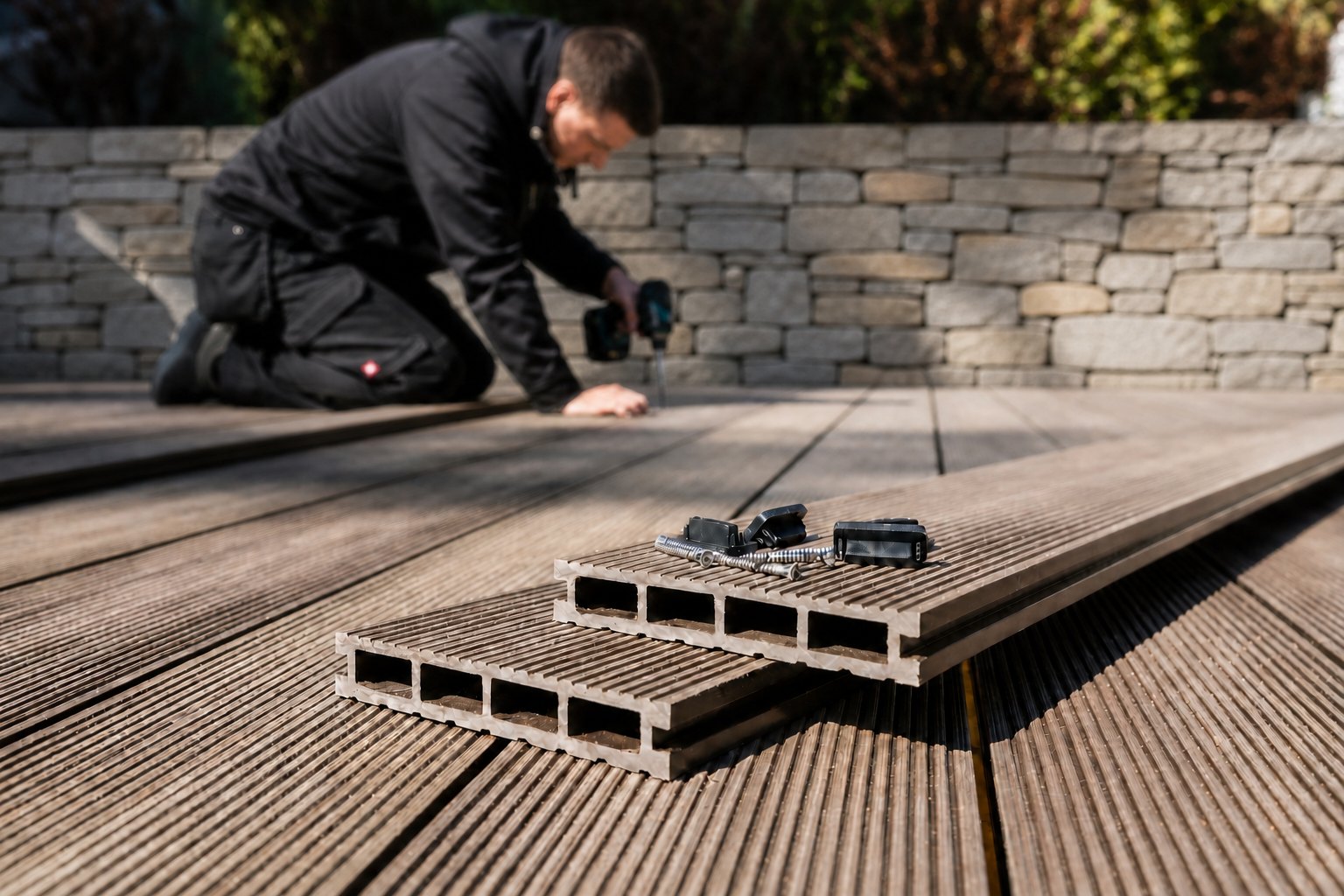 Terrassenbau mit WPC-Dielen vor einer Natursteinmauer